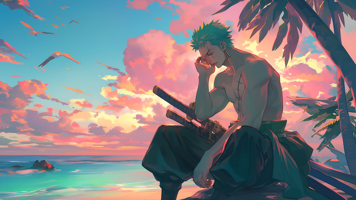 one-piece-roronoa-zoro-sunset-on-the-beach-desktop-wallpaper-preview